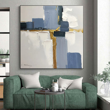 Modern Art Acrylic with Blue, Gray, White and Gold Colors, Abstract Geometric Theme HS472