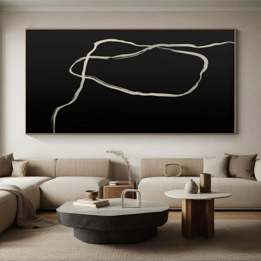 Handmade Art Black & Beige Line Abstract, Minimalist Canvas Art HS412