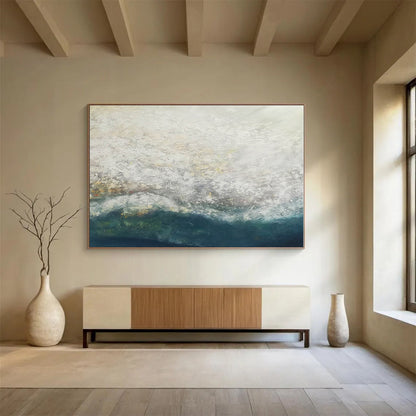 Large Size White and Teal Abstract Ocean Wave Painting WB081