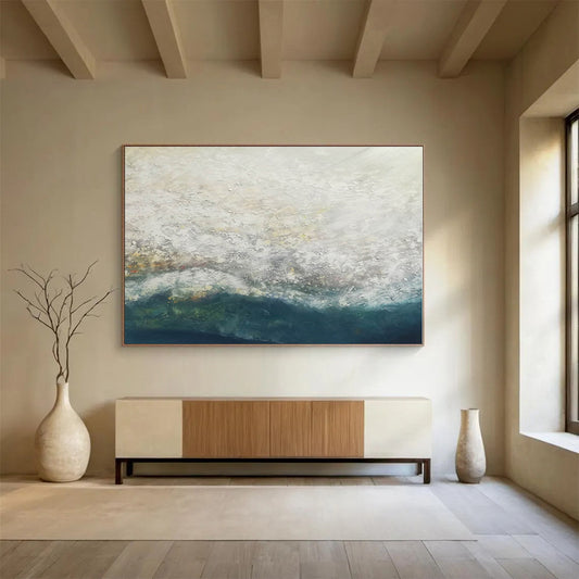 Large Size White and Teal Abstract Ocean Wave Painting WB081
