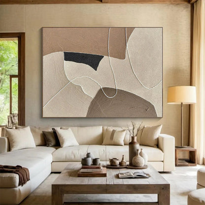 Unique Abstract Art Neutral Shapes with White Line Details, Minimalist Canvas Art HS546