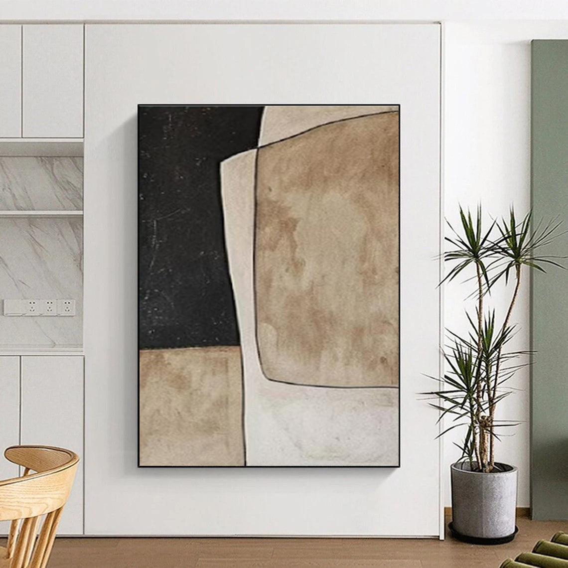 Handmade Art Black, Beige, and Brown Geometric Abstract Art HS685