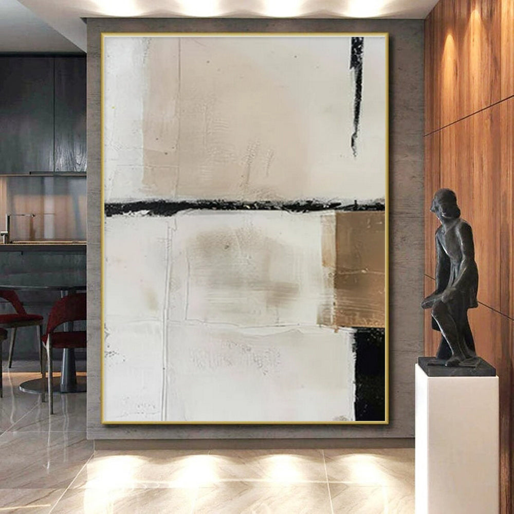 Handmade Art Beige, White, and Black Textured Abstract Painting On Canvas HS785