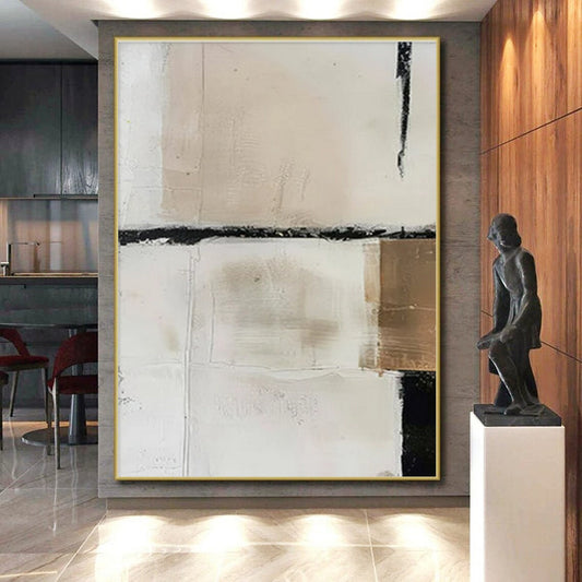 Handmade Art Beige, White, and Black Textured Abstract Painting On Canvas HS785