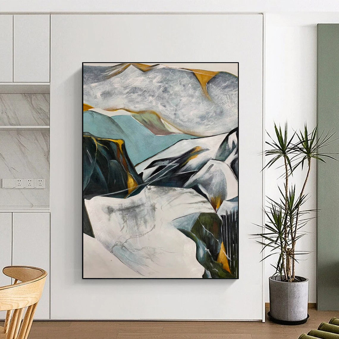 Hand-Painted Teal, Gray & Yellow Abstract Mountain Landscape Art HS401