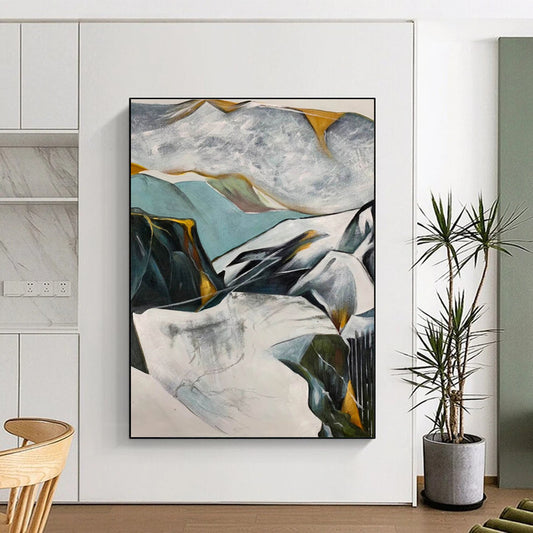 Hand-Painted Teal, Gray & Yellow Abstract Mountain Landscape Art HS401