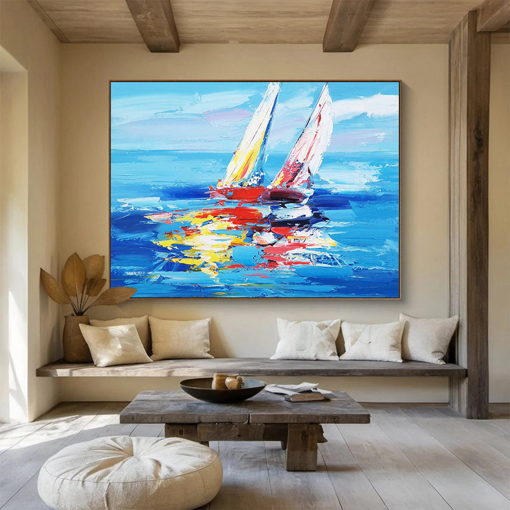 Oversized Canvas Art in Blue and Multicolor Sailboat Abstract Style WB232