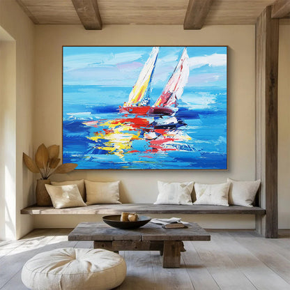 Oversized Canvas Art in Blue and Multicolor Sailboat Abstract Style WB232