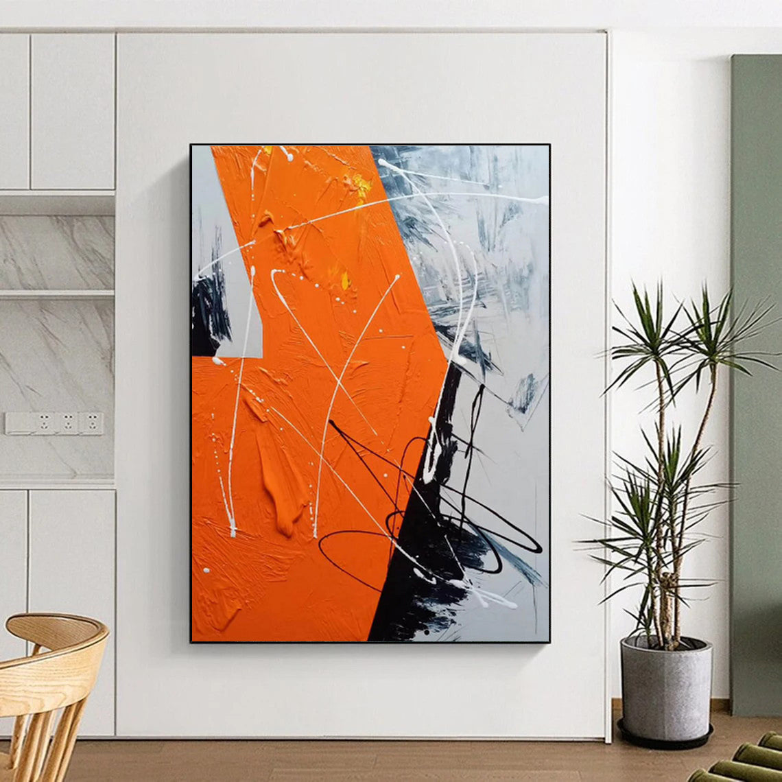 Oversized Abstract Wall Art Orange, Black & White Energetic Line Art HS409