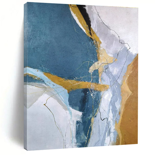 Hand Painted Art Blue, Gold, and Gray Textured Abstract Painting On Canvas HS807
