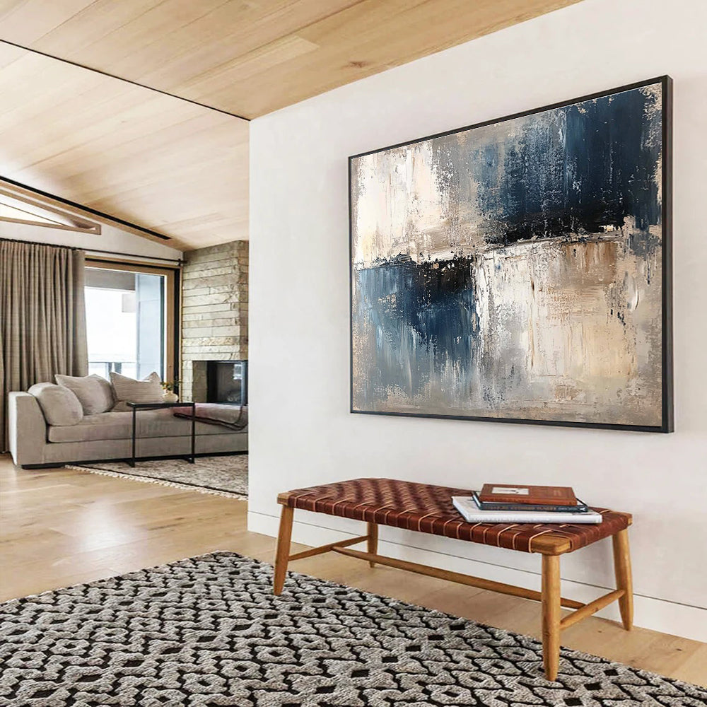 Oversized Canvas Art Blue, Gray, and Beige Abstract Textured Landscape - Acrylic Painting WB277