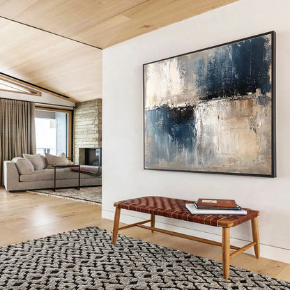 Oversized Canvas Art Blue, Gray, and Beige Abstract Textured Landscape - Acrylic Painting WB277