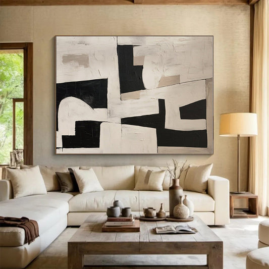 Acrylic Modern Art Paintings Black, White, and Beige Geometric Abstract Art HS759