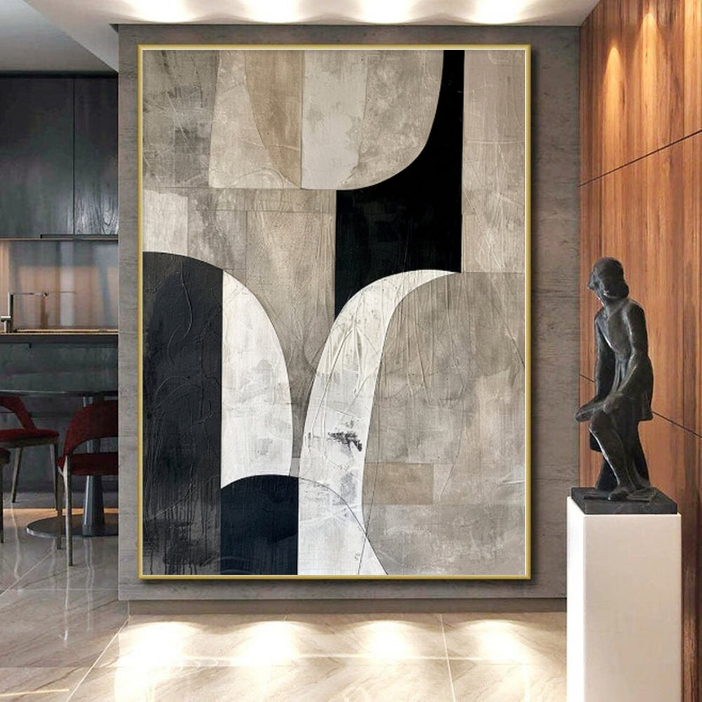 Hand-Painted Black, White, and Beige Abstract Geometric Shape Painting For Sale HS062