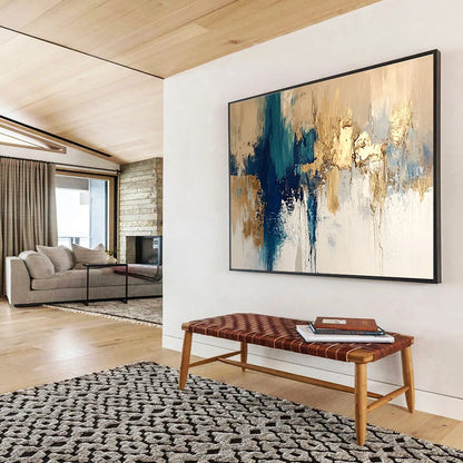 Extra Large Size Teal, Gold, and White Abstract Textured Art - Acrylic Painting WB275