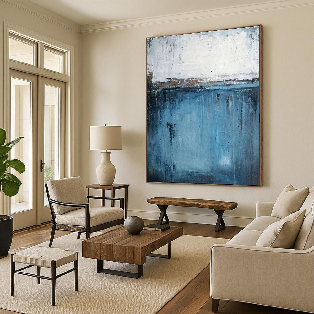 Large Contemporary Wall Art Blue and White Textured Abstract Landscape HS603
