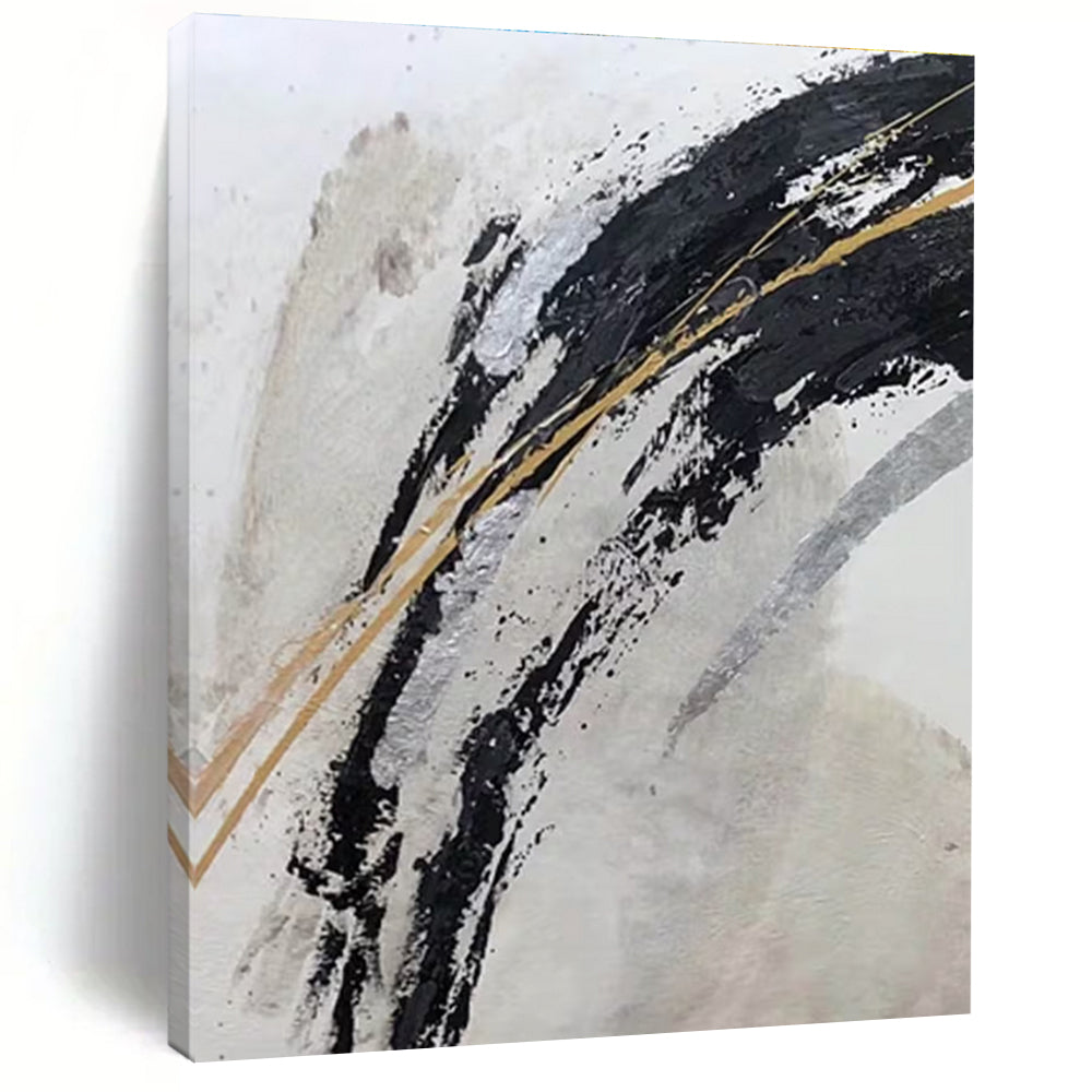 Gaint Canvas Art Black, Gold & Silver Gestural Abstract, Oversized Abstract Wall Art HS245