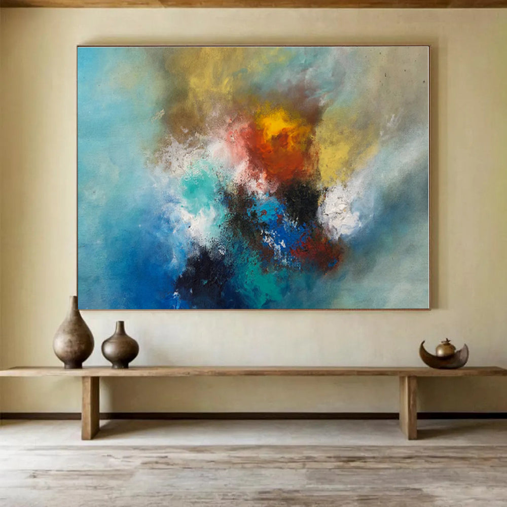 Blue, Yellow, Red, Teal Abstract Energetic Blend Painting, Abstract Acrylic Art WB002