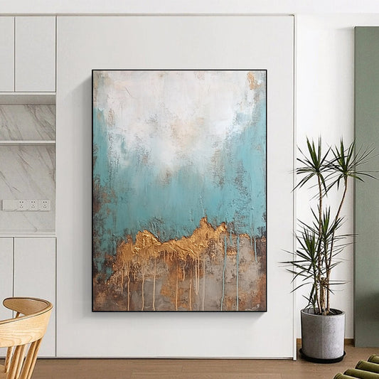 Hand Painted Art Teal, Gold, and Brown Abstract Textured Painting For Sale HS149