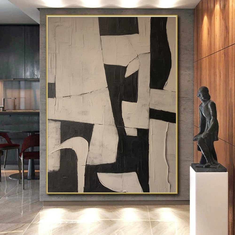 Hand-Painted Black & White Geometric Abstract, Acrylic Modern Art Painting HS317