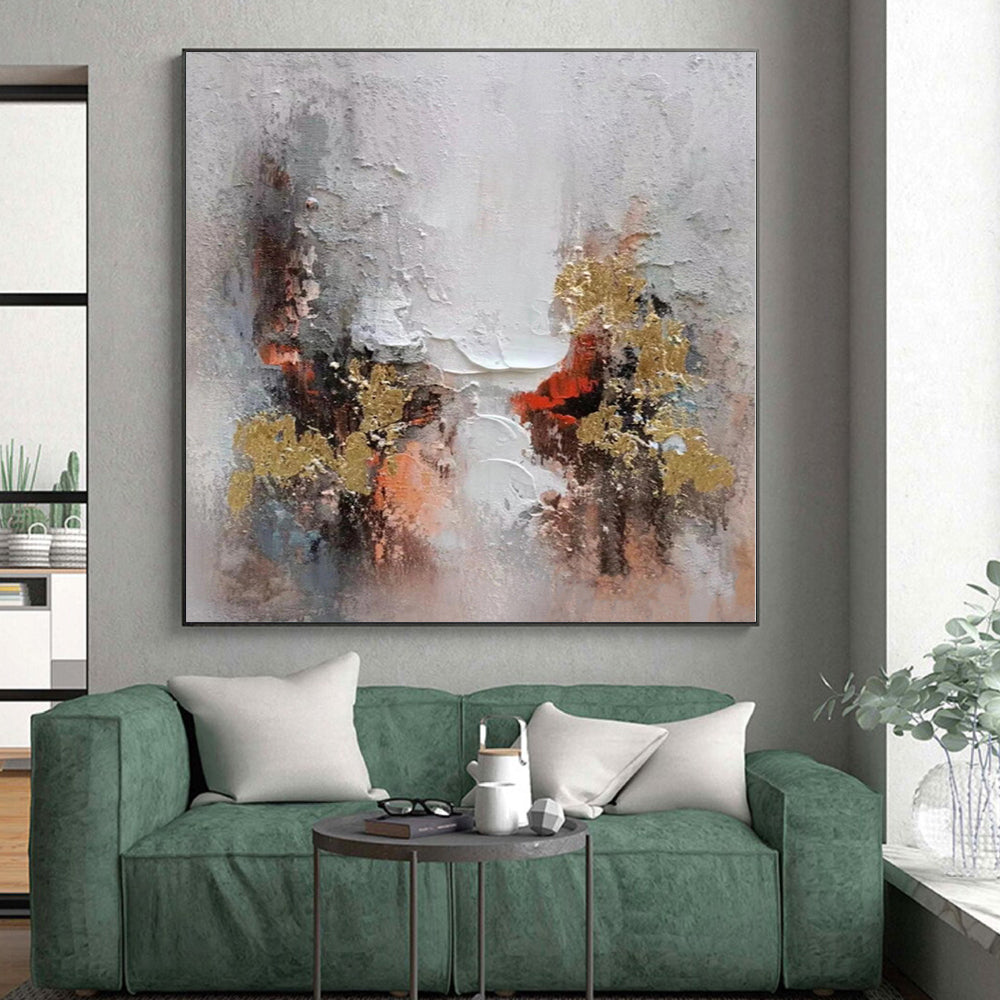 Hand-Painted Gray, White, Gold, and Red Abstract Textured Painting For Sale HS031