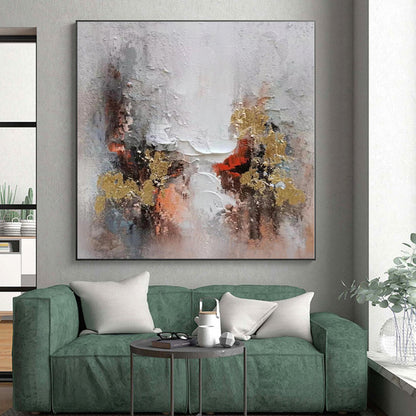 Hand-Painted Gray, White, Gold, and Red Abstract Textured Painting For Sale HS031