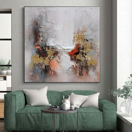Hand-Painted Gray, White, Gold, and Red Abstract Textured Painting For Sale HS031