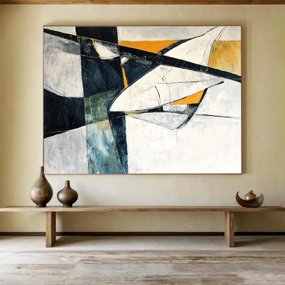Modern Art Abstract Paintings with Black, White, Orange and Teal Colors, Geometric Abstract Theme WB312