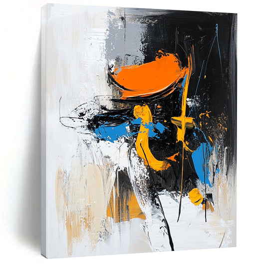 Acrylic Modern Art Paintings Black, White, Orange, and Blue Abstract Expressive Painting For Sale HS144