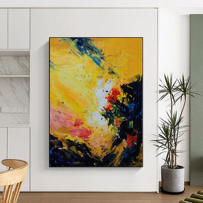 Hand-Painted Yellow, Red, and Blue Abstract Expressive Painting For Sale HS068