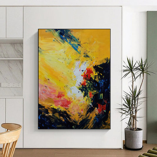 Hand-Painted Yellow, Red, and Blue Abstract Expressive Painting For Sale HS068
