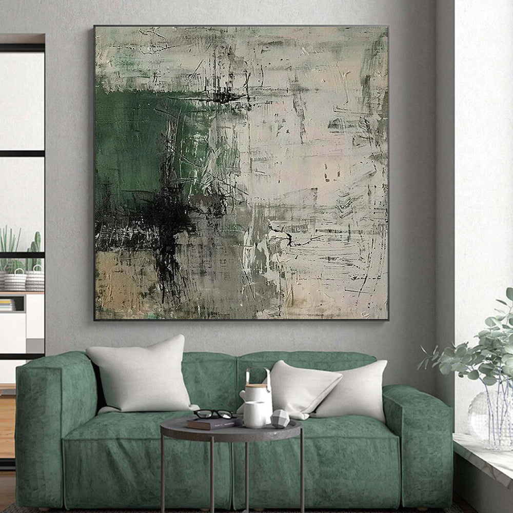 Modern Art Acrylic Green, Gray, and Neutral Textured Abstract Composition HS598