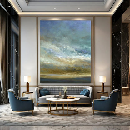 Blue, Beige Abstract Cloudscape Art For Living Room and Bedroom WS416
