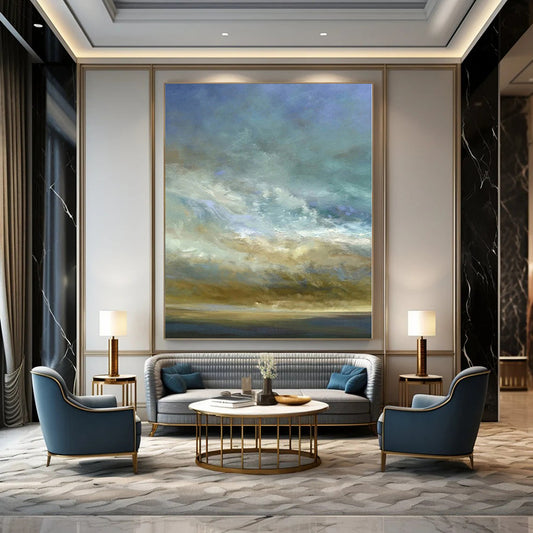 Blue, Beige Abstract Cloudscape Art For Living Room and Bedroom WS416