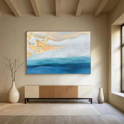 Contemporary Abstract Painting: Blue and Gold Coastal Sunset Abstract Painting WB341