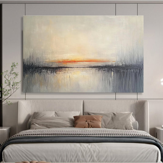 Big Size Gray, Orange, and White Abstract Sunset Over Water - Acrylic Painting WB272