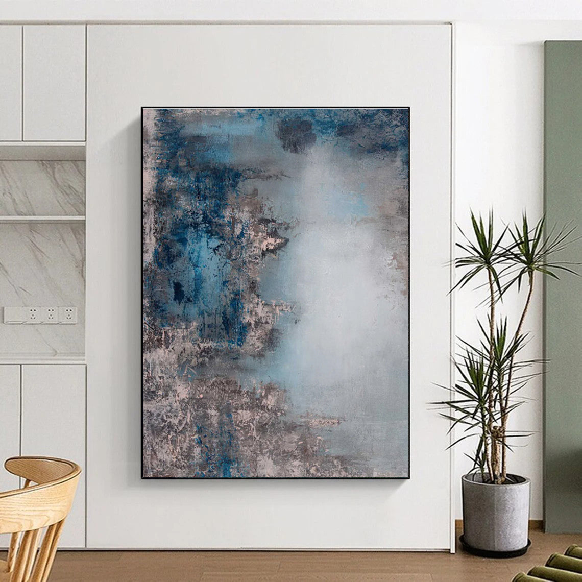 Unique Abstract Art Blue & Gray Textured Abstract, Large Contemporary Wall Art HS282