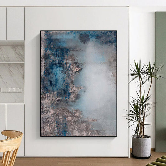 Unique Abstract Art Blue & Gray Textured Abstract, Large Contemporary Wall Art HS282