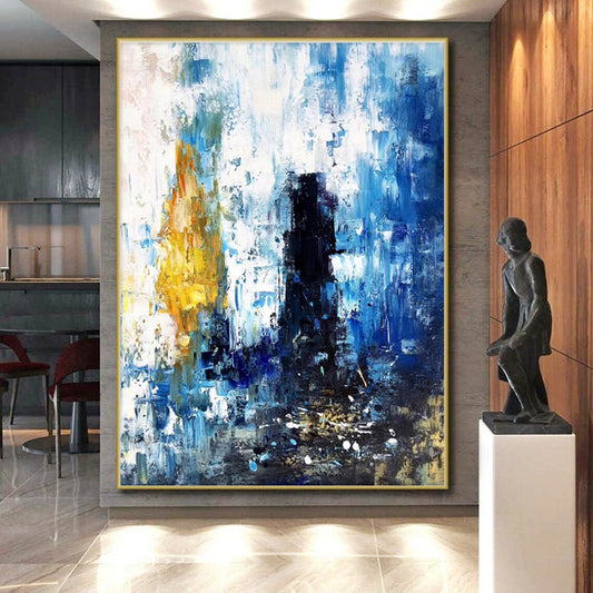 Hand-Painted Blue, Yellow & Black Gestural Abstract, Acrylic Modern Art Painting HS432