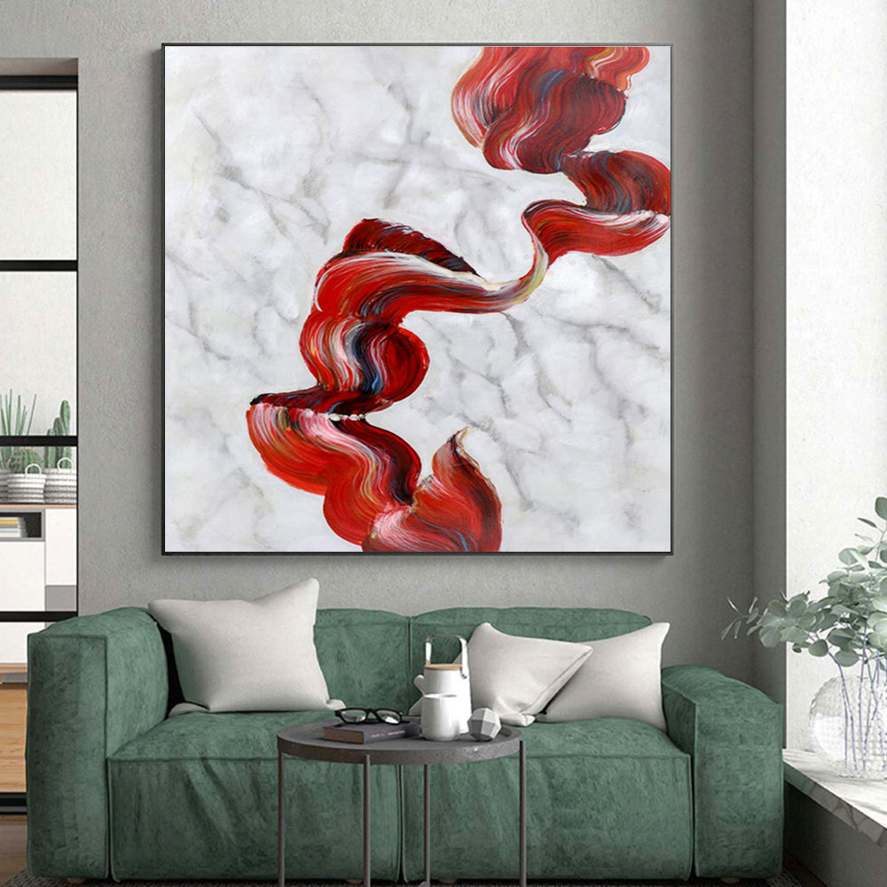 Handmade Art Red & White Abstract Flowing Ribbon Art HS396