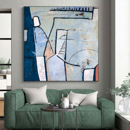 Unique Abstract Art Blue, Beige, and Red Geometric Abstract Painting On Canvas HS827