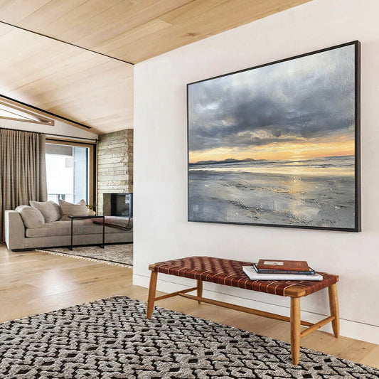 Modern Art Abstract Paintings with Gray, Orange, Yellow and Black Colors, Coastal Sunset Theme WB318