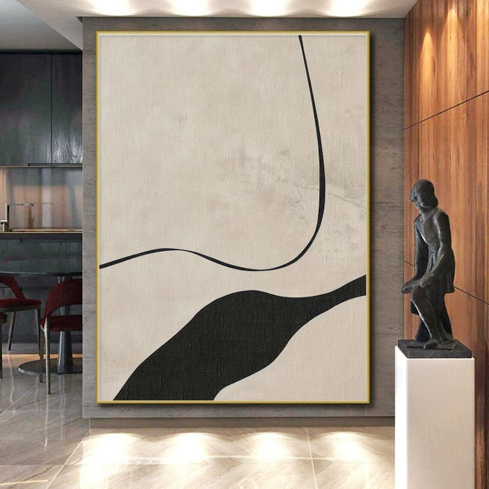 Handmade Art Black & Beige Line Abstract, Minimalist Canvas Art HS368