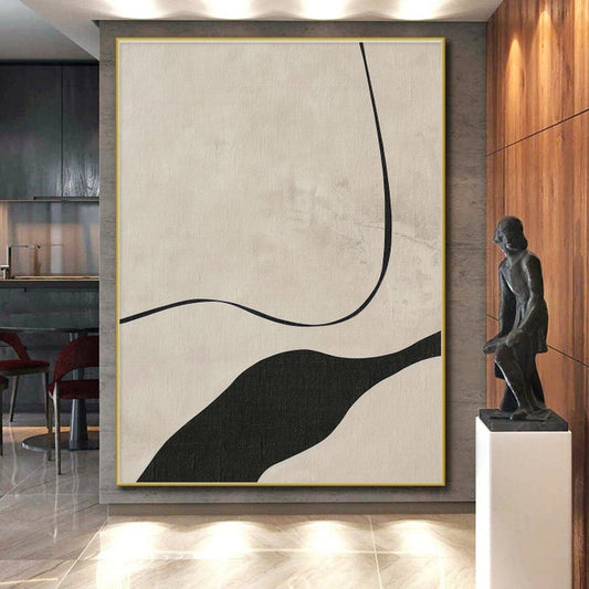 Handmade Art Black & Beige Line Abstract, Minimalist Canvas Art HS368