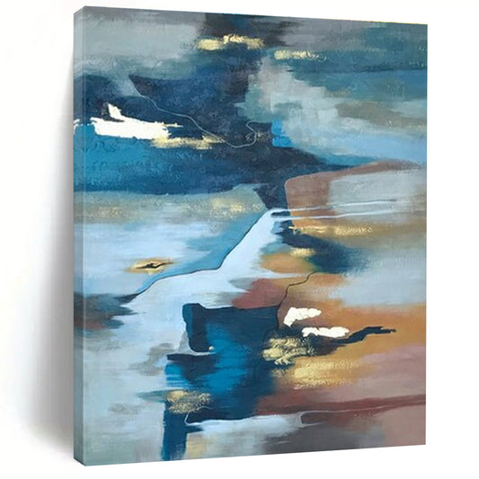 Large Contemporary Wall Art Blue, Brown, and Gold Abstract Composition HS652
