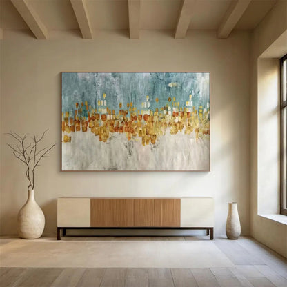 Contemporary Abstract Art: Turquoise and Gold Cityscape Abstract Painting WB367