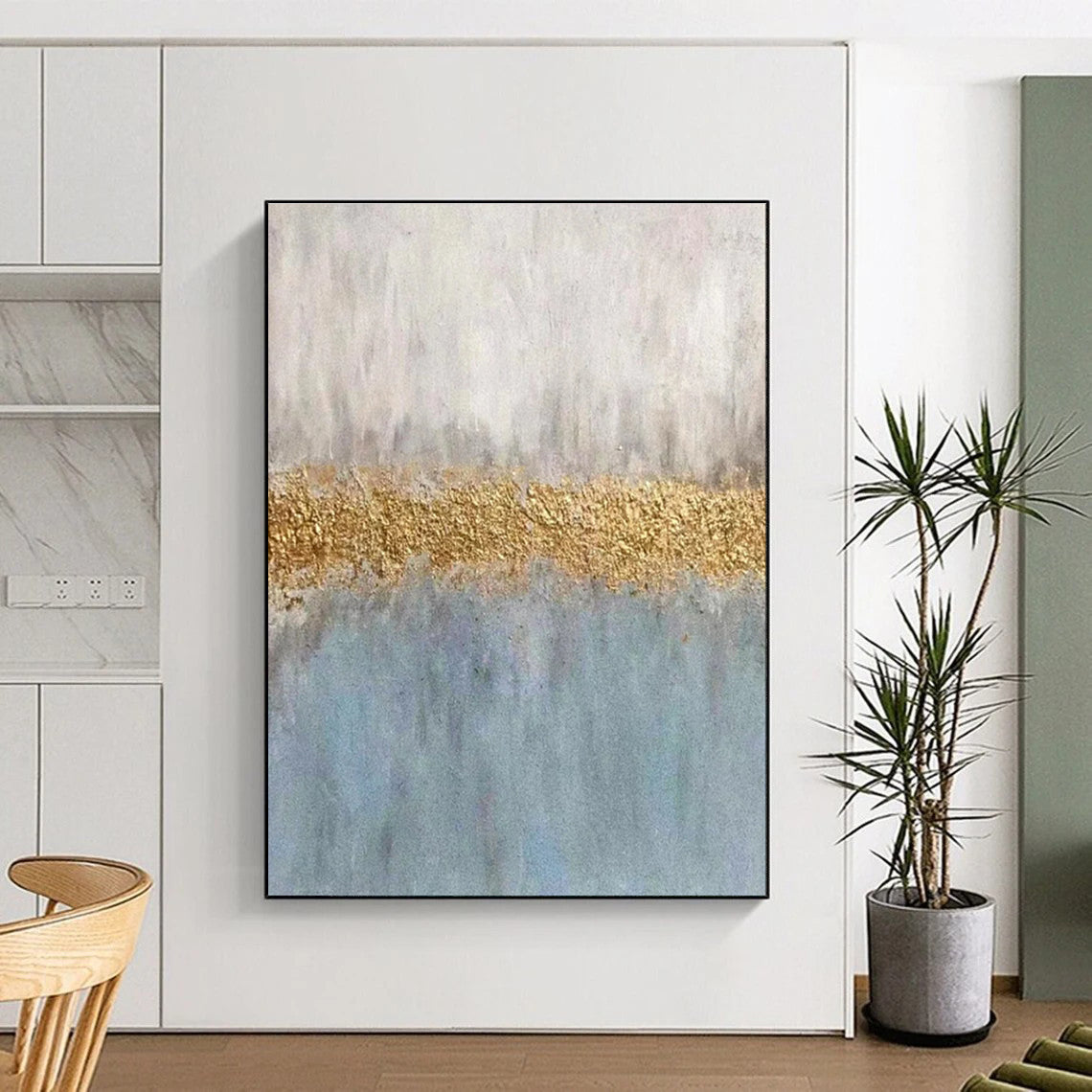 Blue, Gray, and Gold Abstract Color Block Painting For Sale WS508