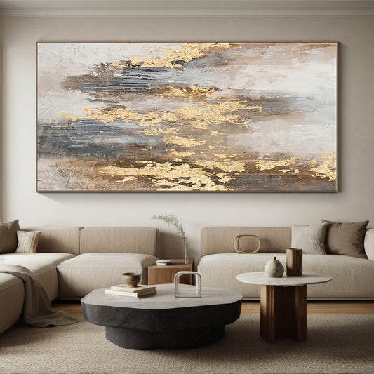 Large Size Acrylic Modern Art Paintings with Gold, Gray, Brown Textures - Oversized Abstract Wall Art HS503