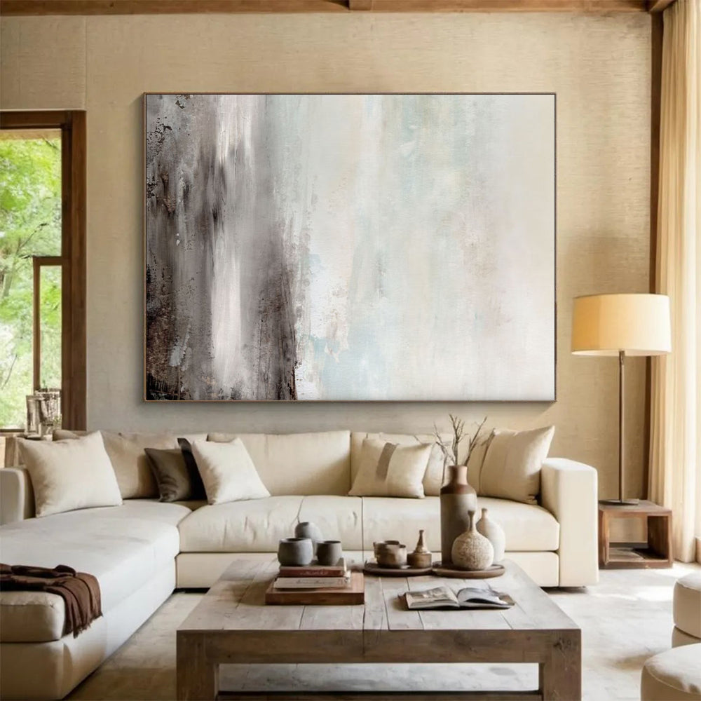 Hand-Painted Gray & Beige Textured Landscape, Large Contemporary Wall Art HS238