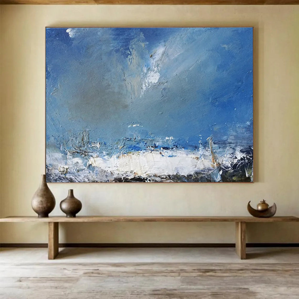 Huge Size Blue, White, and Multicolor Abstract Stormy Sea, Abstract Oil Painting WB186